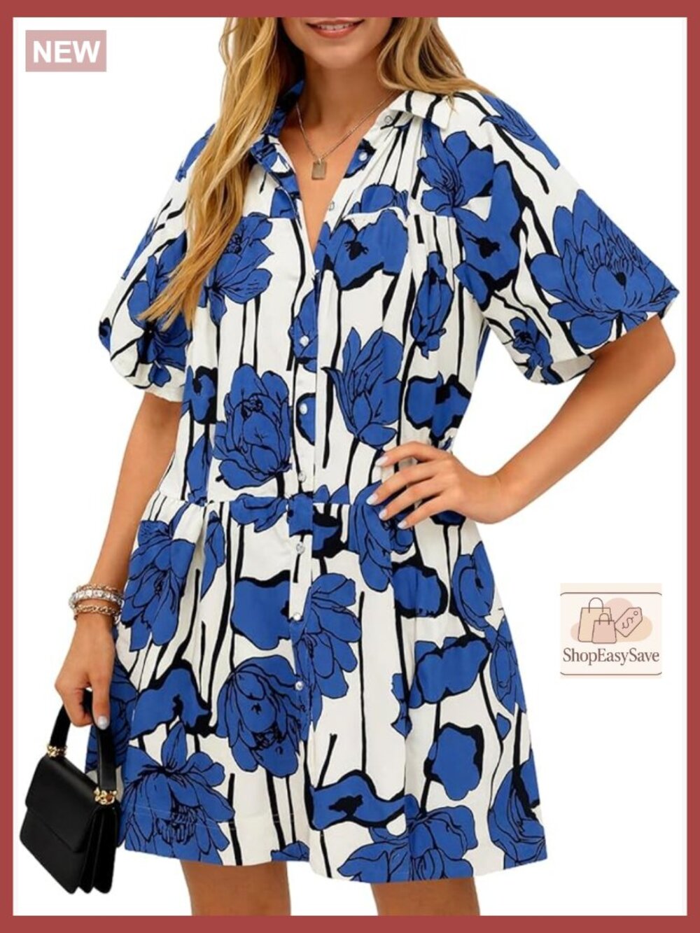 Floral Puff Sleeve Button Down Shirt Dress Casual Loose Fit Mini Summer Boho
